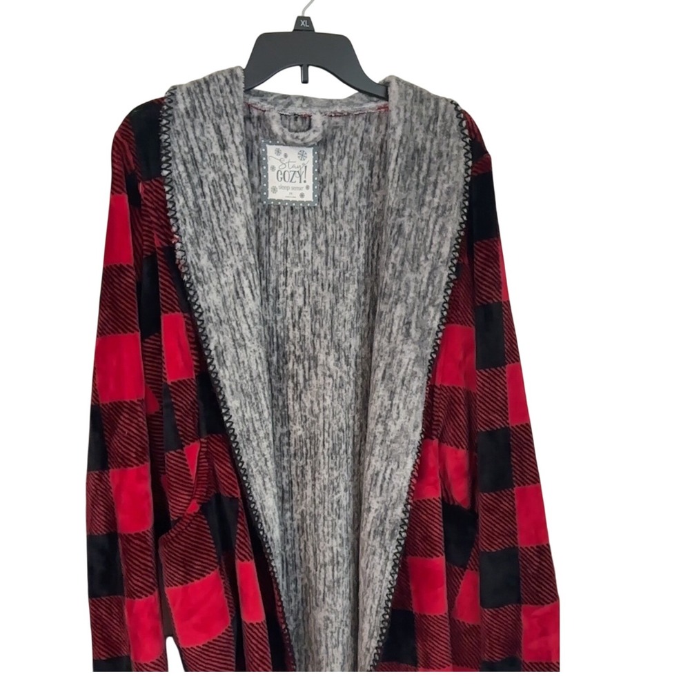 Stay Cozy Red Black Buffalo Plaid Fuzzy Hooded Cardigan Sleep‎ Sense Womens Med